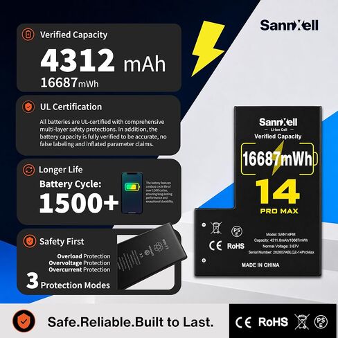 Upgraded High Capacity Battery for iPhone 14 Pro Max Replacement, 16687mWh 0 Cycle A2651 A2893 A2894 A2895 A2896 Model, Ultra Long Lasting Li-ion Battery with Full Repair Tool Kit in Kuwait
