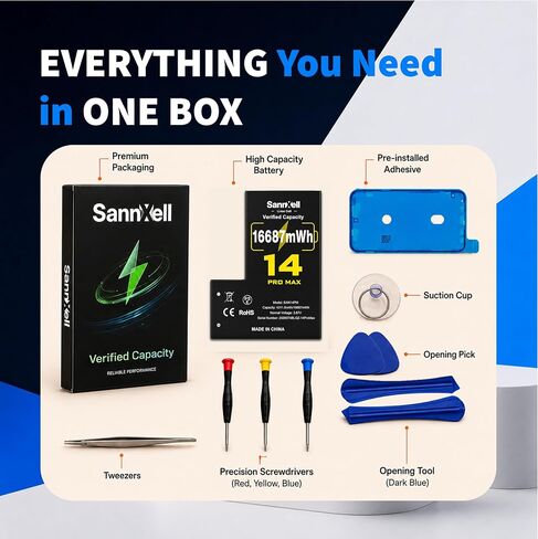 Upgraded High Capacity Battery for iPhone 14 Pro Max Replacement, 16687mWh 0 Cycle A2651 A2893 A2894 A2895 A2896 Model, Ultra Long Lasting Li-ion Battery with Full Repair Tool Kit in Kuwait