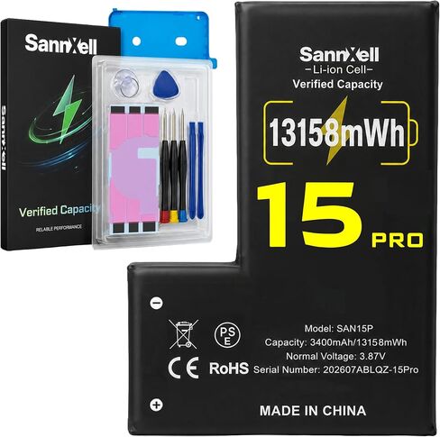 Upgraded High Capacity 13158mWh 0 Cycle Li-Ion Battery for iPhone 15 Pro, Ultra Long Lasting Li-ion Battery Replacement A2848, A3101, A3102, A3103, A3104 Model with Full Repair Tool Kit in Kuwait