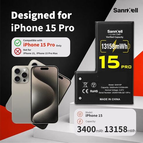 Upgraded High Capacity 13158mWh 0 Cycle Li-Ion Battery for iPhone 15 Pro, Ultra Long Lasting Li-ion Battery Replacement A2848, A3101, A3102, A3103, A3104 Model with Full Repair Tool Kit in Kuwait