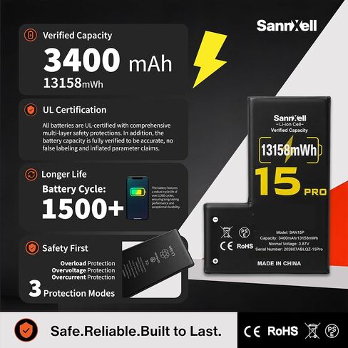 Upgraded High Capacity 13158mWh 0 Cycle Li-Ion Battery for iPhone 15 Pro, Ultra Long Lasting Li-ion Battery Replacement A2848, A3101, A3102, A3103, A3104 Model with Full Repair Tool Kit in Kuwait