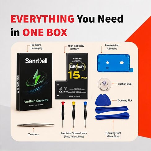 Upgraded High Capacity 13158mWh 0 Cycle Li-Ion Battery for iPhone 15 Pro, Ultra Long Lasting Li-ion Battery Replacement A2848, A3101, A3102, A3103, A3104 Model with Full Repair Tool Kit in Kuwait