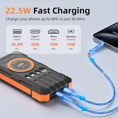 Solar Charger Power Bank 49800mAh Wireless Portable Phone Charger, 22.5W QC3.0 Fast Charging Built in 4 Cables with USB C 6 Outputs & 2 Inputs for All Cell Phone in Kuwait