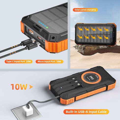 Solar Charger Power Bank 49800mAh Wireless Portable Phone Charger, 22.5W QC3.0 Fast Charging Built in 4 Cables with USB C 6 Outputs & 2 Inputs for All Cell Phone in Kuwait