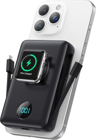 Ekrist Magnetic Portable Charger 10800mAh for MagSafe with Built-in Cable,iWatch Charger,Wireless Power Bank Travel Essentials,25W Fast Charging Battery Pack for iPhone 17/16/15/14,Apple Watch(Black) in Saudi Arabia
