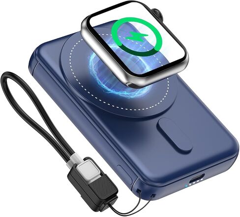 SIXTHGU Magnetic Portable Charger, 3 in 1 Wireless Power Bank for Magsafe 5000mAh Battery Pack, PD20W Fast Charging with Built-in USB-C Cable, S05 for iPhone 17/16/15/14 Series, Apple Watch/Airpods in Kuwait