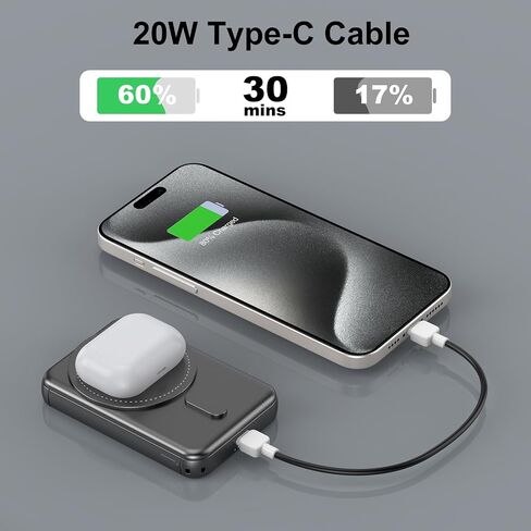 SIXTHGU Magnetic Portable Charger, 3 in 1 Wireless Power Bank for Magsafe 5000mAh Battery Pack, PD20W Fast Charging with Built-in USB-C Cable, S05 for iPhone 17/16/15/14 Series, Apple Watch/Airpods in Kuwait