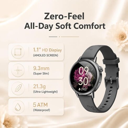 Smart Watch for Women, 1.1" AMOLED Display, Ultra-Light Smartwatch with Heart Rate & Sleep Tracking, SpO2 Monitor, 100+ Sports Modes, Fitness Tracker, 5ATM Waterproof, iPhone & Android in Kuwait