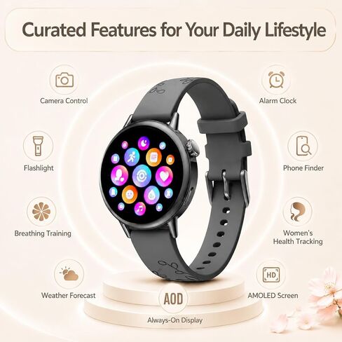 Smart Watch for Women, 1.1" AMOLED Display, Ultra-Light Smartwatch with Heart Rate & Sleep Tracking, SpO2 Monitor, 100+ Sports Modes, Fitness Tracker, 5ATM Waterproof, iPhone & Android in Kuwait