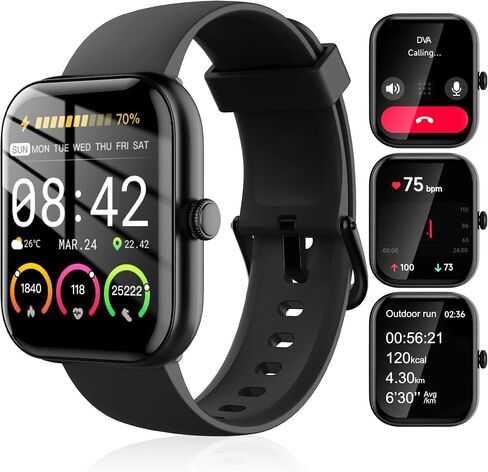 KEEPONFIT Smart Watches for Women Android/iPhone, IP68 Waterproof Fitness Tracker with Bluetooth Calls(Answer&Make), Activity Pedometer/Heart Rate/SpO2 Monitor/100+ Sports Model (W20 Black) in Kuwait