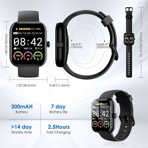 KEEPONFIT Smart Watches for Women Android/iPhone, IP68 Waterproof Fitness Tracker with Bluetooth Calls(Answer&Make), Activity Pedometer/Heart Rate/SpO2 Monitor/100+ Sports Model (W20 Black) in Kuwait