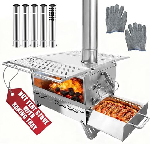 Camping Wood Burning Stove, Hot Tent Stove with Extra Baking Tray, Outdoor Stainless Steel Stove with 6 Chimney Pipes for Outdoor Camping, Cooking in Kuwait