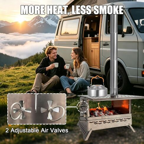 Camping Wood Burning Stove, Hot Tent Stove with Extra Baking Tray, Outdoor Stainless Steel Stove with 6 Chimney Pipes for Outdoor Camping, Cooking in Kuwait