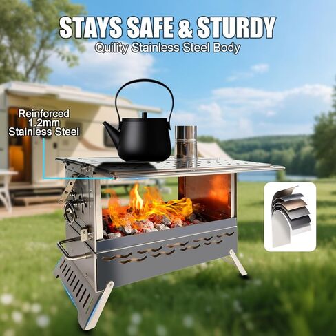 Camping Wood Burning Stove, Hot Tent Stove with Extra Baking Tray, Outdoor Stainless Steel Stove with 6 Chimney Pipes for Outdoor Camping, Cooking in Kuwait