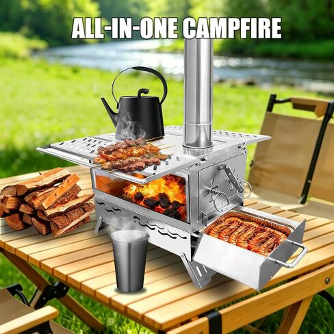 Camping Wood Burning Stove, Hot Tent Stove with Extra Baking Tray, Outdoor Stainless Steel Stove with 6 Chimney Pipes for Outdoor Camping, Cooking in Kuwait