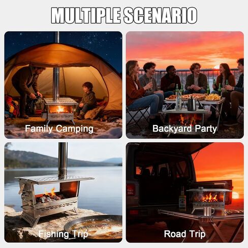 Camping Wood Burning Stove, Hot Tent Stove with Extra Baking Tray, Outdoor Stainless Steel Stove with 6 Chimney Pipes for Outdoor Camping, Cooking in Kuwait
