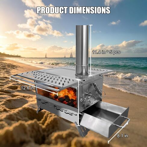 Camping Wood Burning Stove, Hot Tent Stove with Extra Baking Tray, Outdoor Stainless Steel Stove with 6 Chimney Pipes for Outdoor Camping, Cooking in Kuwait