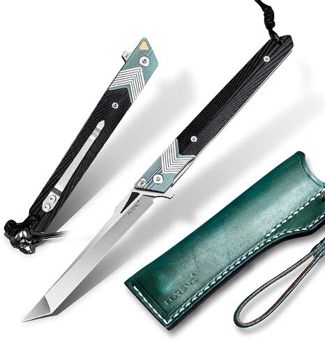 Folding Knife with Clip, 14C28N Steel Tanto Blade, Non-slip Titanium Alloy Handle Lightweight EDC Gentleman's Pocket Knife with Sheath for Belt in Kuwait