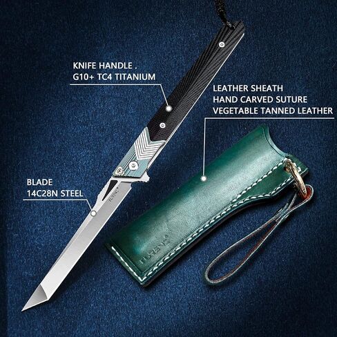 Folding Knife with Clip, 14C28N Steel Tanto Blade, Non-slip Titanium Alloy Handle Lightweight EDC Gentleman's Pocket Knife with Sheath for Belt in Kuwait