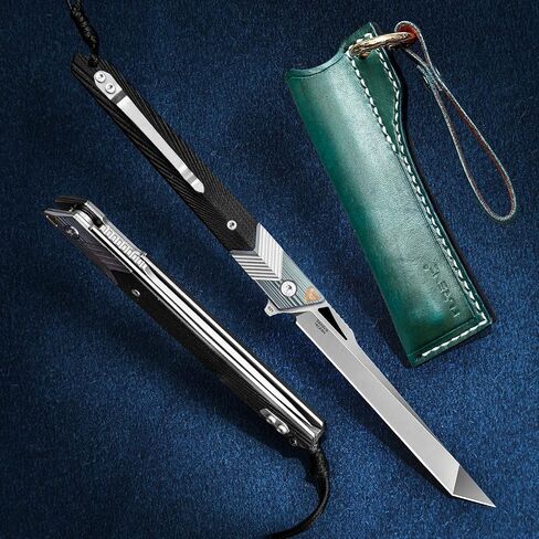Folding Knife with Clip, 14C28N Steel Tanto Blade, Non-slip Titanium Alloy Handle Lightweight EDC Gentleman's Pocket Knife with Sheath for Belt in Kuwait