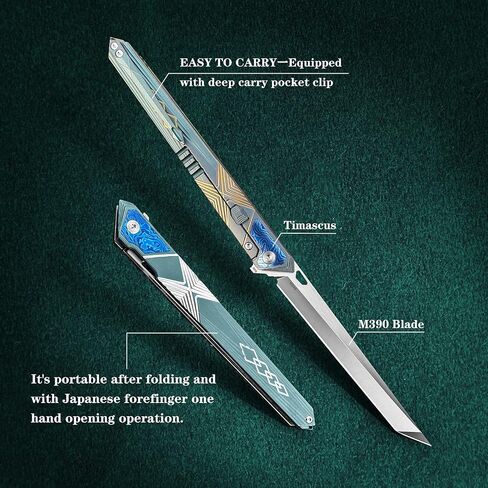 folding knife belt clip, M390 steel blade, outdoor camping knife, portable pocket knife titanium handle lightweight EDC men's pocket knife belt sheath in Kuwait