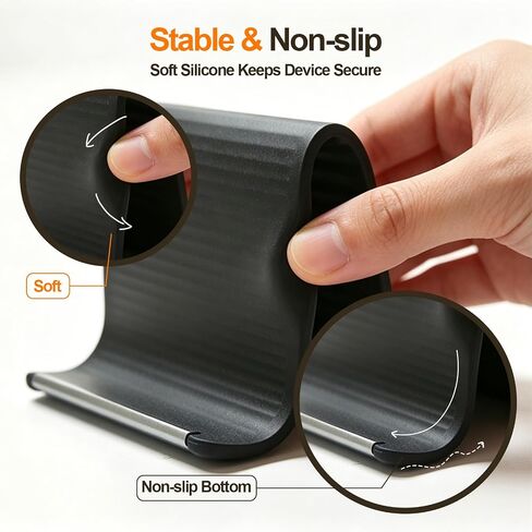 Silicone Phone Stand with Aluminum, Flexible Foldable Phone Holder, Bendable Adjustable Anti-Slip Desktop Stand for Phone Tablet Laptop, Portable Rollable Multi-Angle Stand for Home (Black+Orange) in Kuwait