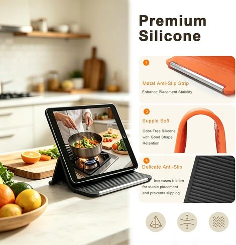 Silicone Phone Stand with Aluminum, Flexible Foldable Phone Holder, Bendable Adjustable Anti-Slip Desktop Stand for Phone Tablet Laptop, Portable Rollable Multi-Angle Stand for Home (Black+Orange) in Kuwait