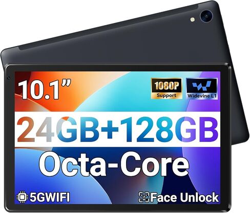 Android 15 Tablet 10 Inch 24GB RAM 128GB ROM 1TB Expand, Octa-Core Processor, Widevine L1 HD IPS Touchscreen, WiFi 6 BT5.3 Dual Camera Face Unlock Tablet, Black in Kuwait