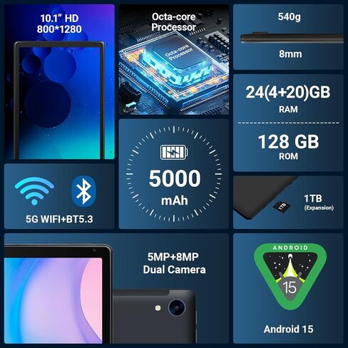 Android 15 Tablet 10 Inch 24GB RAM 128GB ROM 1TB Expand, Octa-Core Processor, Widevine L1 HD IPS Touchscreen, WiFi 6 BT5.3 Dual Camera Face Unlock Tablet, Black in Kuwait