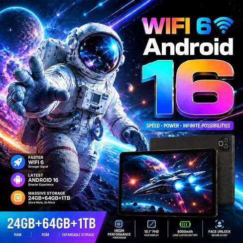 2026 Android 16 Tablet 10.1 Inch with 24GB RAM 64GB ROM, 1TB TF Card Expandable, 6000mAh Battery, Dual Band WiFi, BT5.4, Dual HD Cameras, Portable Tablet for Study, Business&Entertainment in Kuwait