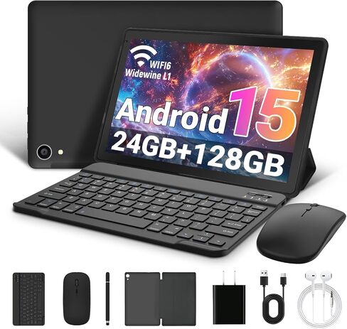 Gleeso Tablet 10 Inch Android 15, 2 in 1 Tablet with Keyboard, 24GB RAM+128GB ROM+1TB Expand, Octa Core, 5000mAh, WiFi 6, BT5.4, 8MP+5MP Dual Camera, Type-C Fast Charging-Black in Kuwait