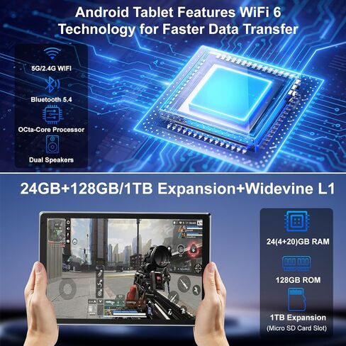 Gleeso Tablet 10 Inch Android 15, 2 in 1 Tablet with Keyboard, 24GB RAM+128GB ROM+1TB Expand, Octa Core, 5000mAh, WiFi 6, BT5.4, 8MP+5MP Dual Camera, Type-C Fast Charging-Black in Kuwait