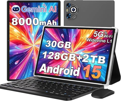 Android 15 Tablet, 30GB RAM + 128GB ROM 2TB TF, 2026 Tablet with Keyboard and Mouse, 10.1 inch Touchscreen, 8000mAh Battery, Incell Display, 2.0GHz, Gemini AI, 5G WiFi, BT 5.0, GPS- Metal Grey in Saudi Arabia