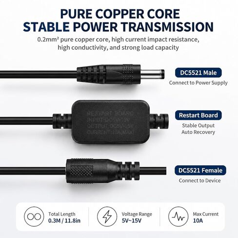 Router Rebooter, WiFi Reset Device, Automatic Restart Cable with DC5521 Male to Female Connector, 24-Hour Smart Timer for Modem, CCTV & Network Gear, Improves Internet Speed (Black and White) in Kuwait