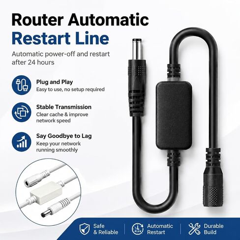 Router Rebooter, WiFi Reset Device, Automatic Restart Cable with DC5521 Male to Female Connector, 24-Hour Smart Timer for Modem, CCTV & Network Gear, Improves Internet Speed (Black and White) in Kuwait