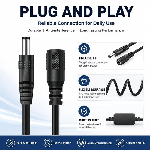 Router Rebooter, WiFi Reset Device, Automatic Restart Cable with DC5521 Male to Female Connector, 24-Hour Smart Timer for Modem, CCTV & Network Gear, Improves Internet Speed (Black and White) in Kuwait