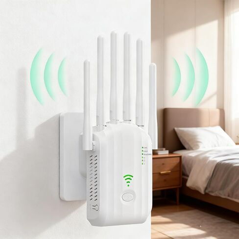 WiFi Extender Signal Booster, AC1200Mbps Dual Band 5.8GHz/2.4GHz High Speed WiFi Repeater, w/6 Antennas, 2 LAN Ports, Coverage up to 9800 sq ft, for Home and Office, Easy Installation, White in Kuwait