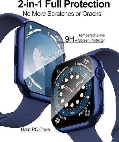 Smiling 2 Pack Case Compatible with Apple Watch Series 9/Series 8 /Series 7 41mm with Tempered Glass Screen Protector, Hard PC Case Overall Protective Cover- 1 Blue + 1 Transparent in Kuwait