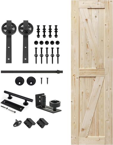 S&Z TOPHAND® 40in x 84in Unfinished British Brace Knotty Barn Door with Big Wheel Sliding Hardware Kit/Solid Wood/Sliding Door/Double Surfaces/A Simple Assembly is Required in Kuwait