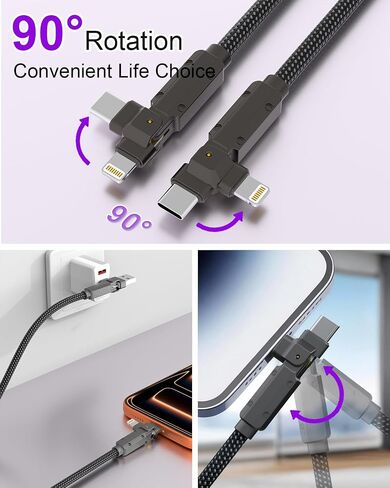 90 Degree USB C Cable for iPhone 17 16 Pro Max, 4in1 USB-C/A to C/Lightning Cable 6FT, 60W Fast Multi Charging Cord with 90° Rotating Swivel USBC/Lightning Adapter for Apple 15 14 13,Carplay,Auto in Kuwait