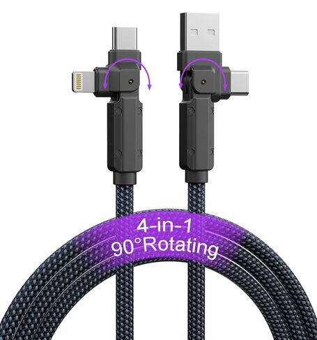 90 Degree USB C Cable for iPhone 17 16 Pro Max, 4in1 USB-C/A to C/Lightning Cable 6FT, 60W Fast Multi Charging Cord with 90° Rotating Swivel USBC/Lightning Adapter for Apple 15 14 13,Carplay,Auto in Kuwait