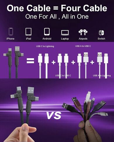 90 Degree USB C Cable for iPhone 17 16 Pro Max, 4in1 USB-C/A to C/Lightning Cable 6FT, 60W Fast Multi Charging Cord with 90° Rotating Swivel USBC/Lightning Adapter for Apple 15 14 13,Carplay,Auto in Kuwait