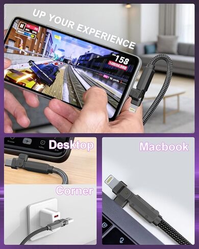 90 Degree USB C Cable for iPhone 17 16 Pro Max, 4in1 USB-C/A to C/Lightning Cable 6FT, 60W Fast Multi Charging Cord with 90° Rotating Swivel USBC/Lightning Adapter for Apple 15 14 13,Carplay,Auto in Kuwait