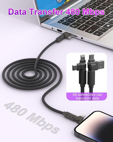 90 Degree USB C Cable for iPhone 17 16 Pro Max, 4in1 USB-C/A to C/Lightning Cable 6FT, 60W Fast Multi Charging Cord with 90° Rotating Swivel USBC/Lightning Adapter for Apple 15 14 13,Carplay,Auto in Kuwait