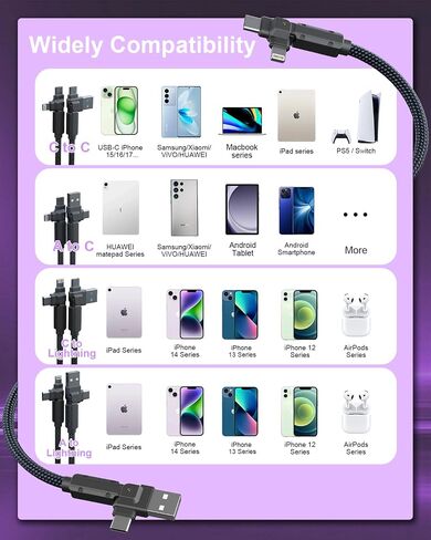 90 Degree USB C Cable for iPhone 17 16 Pro Max, 4in1 USB-C/A to C/Lightning Cable 6FT, 60W Fast Multi Charging Cord with 90° Rotating Swivel USBC/Lightning Adapter for Apple 15 14 13,Carplay,Auto in Kuwait
