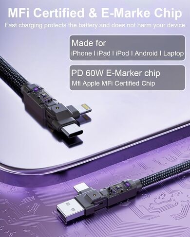 90 Degree USB C Cable for iPhone 17 16 Pro Max, 4in1 USB-C/A to C/Lightning Cable 6FT, 60W Fast Multi Charging Cord with 90° Rotating Swivel USBC/Lightning Adapter for Apple 15 14 13,Carplay,Auto in Kuwait