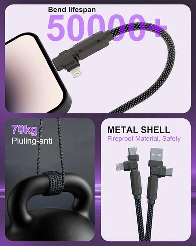 90 Degree USB C Cable for iPhone 17 16 Pro Max, 4in1 USB-C/A to C/Lightning Cable 6FT, 60W Fast Multi Charging Cord with 90° Rotating Swivel USBC/Lightning Adapter for Apple 15 14 13,Carplay,Auto in Kuwait