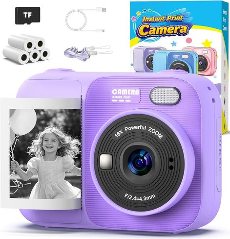 Kids Instant Print Camera with 5 Rolls Print Paper, 1080P HD Camera, Rechargeable Portable Toddler Selfie Camera, Christmas Birthday Gifts Toys for Boys Girls Age 3-12 (Purple) in Kuwait