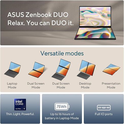 ASUS Zenbook Duo Laptop, Dual 14" OLED WUXGA Touchscreen Display, Intel Core Ultra 9 285H, Intel Arc Graphics, 32GB RAM, 2TB SSD, WiFi 7, Thunderbolt 4, Detachable KB, Windows 11, w/1TB Portable HDD in Kuwait