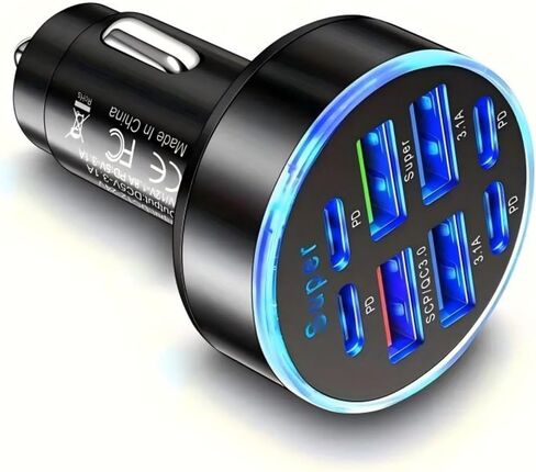 6-in-1 Super Fast Car Charger Adapter with LED Voltage Display, Car Plug Powered Mobilephone Charger for Smart devices like Tablet, Laptop, Cellphones like iPhone 17 16 15 14 pro max Samsung Oppo Vivo in Kuwait